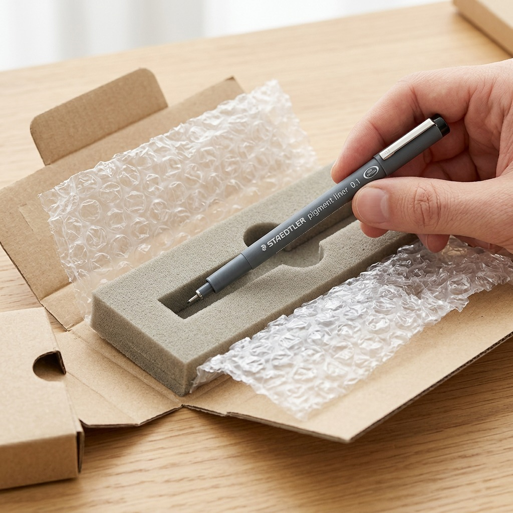 Safely unboxed STAEDTLER pigment liner 0.1mm, protected in shipping materials on a clean surface.