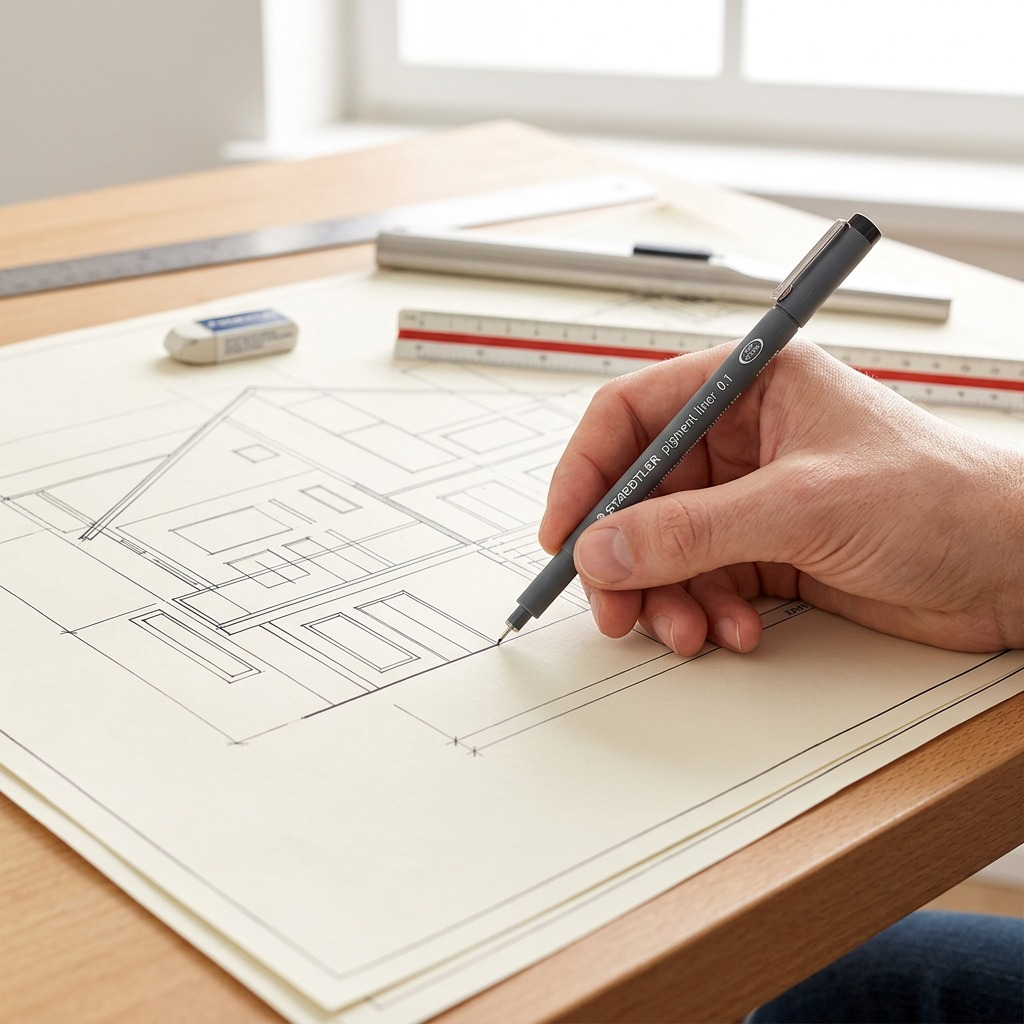 A photorealistic close-up of the specific Staedtler 0.1mm pigment liner on graph paper, adding fine detail to a technical architectural drawing.