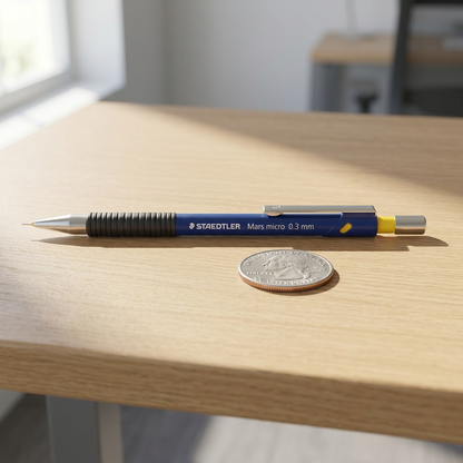 A close-up shot compares the blue Staedtler Mars micro 0.3mm mechanical pencil to a US quarter coin.