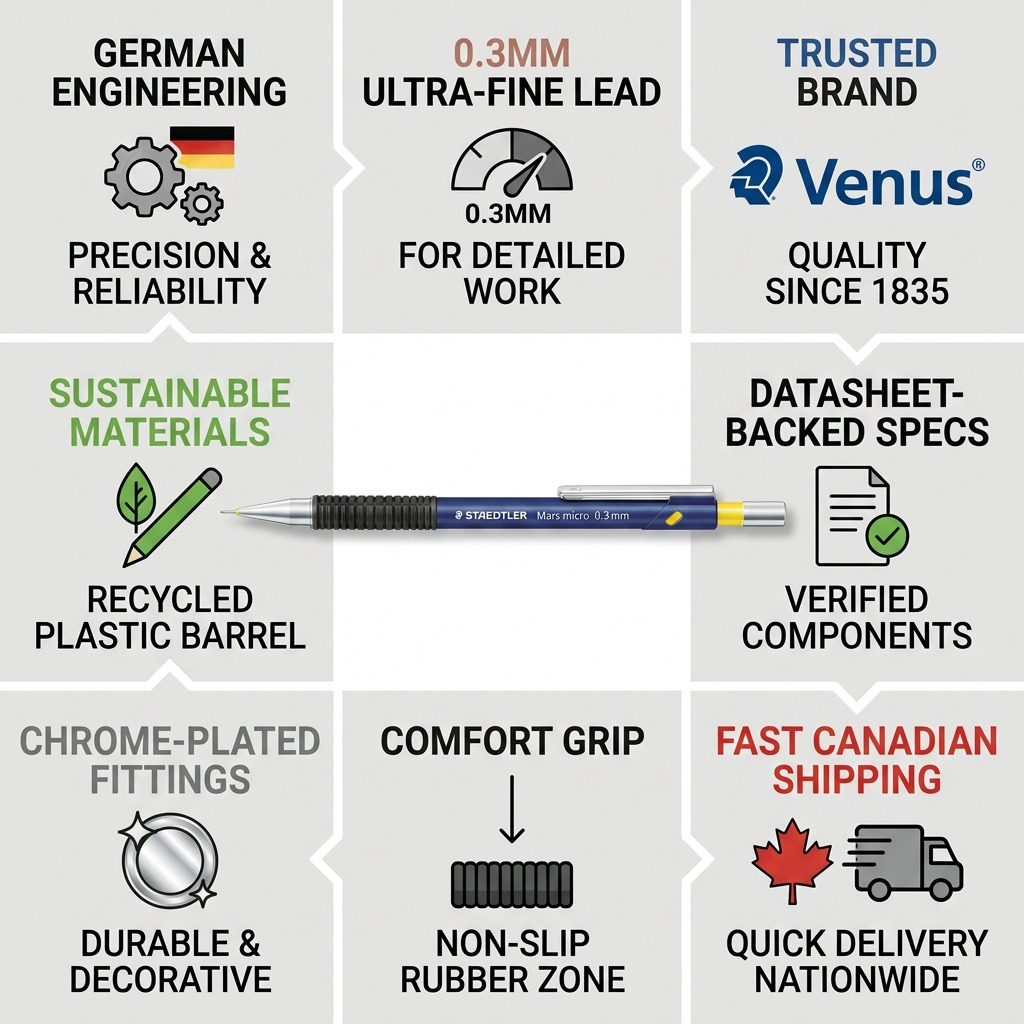 An infographic for the STAEDTLER Mars Micro 0.3mm mechanical pencil, highlighting build quality, precision, and reliable engineering.