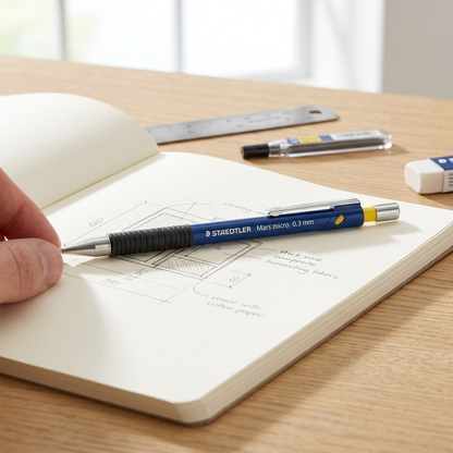 A lifestyle photo shows the STAEDTLER Mars micro 0.3mm pencil in a hand, used for drafting technical notes on a paper notebook.
