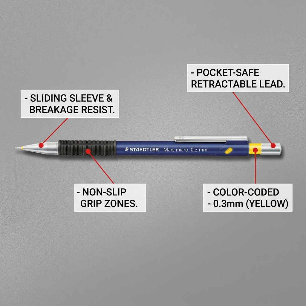 STAEDTLER Mars micro 0.3mm mechanical pencil, shown horizontally, with feature callout labels. Pointers highlight: sliding sleeve, non-slip grip, retractable lead, and yellow color-coding. E-commerce image.