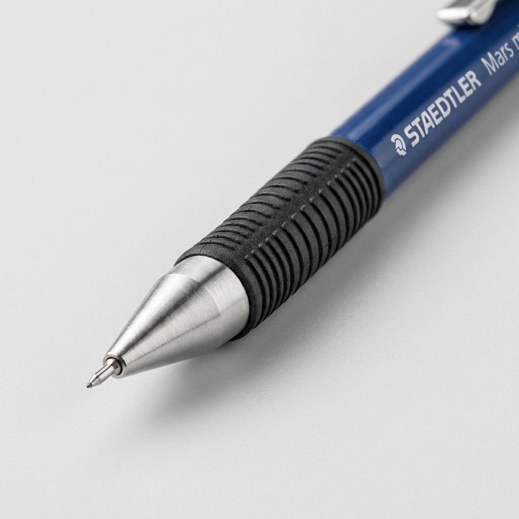 Extreme close-up macro photograph of the STAEDTLER Mars micro mechanical pencil's ribbed rubber grip, highlighting texture and materials.