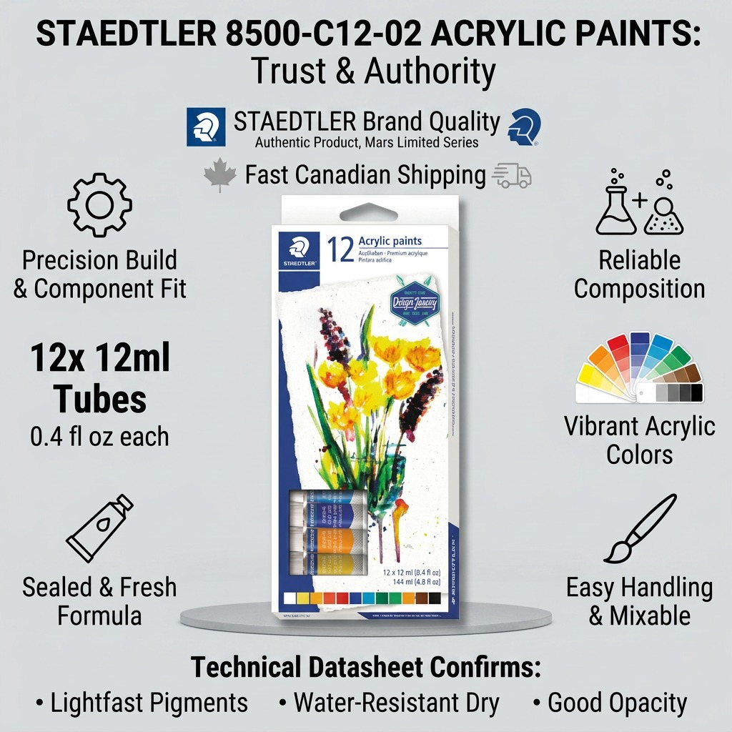 A professional infographic showcasing the STAEDTLER Mars Limited ACRYLIC PAINT 12mlTUBES. It includes simple icons and text highlighting features like original manufacturer product (STAEDTLER Logo and Mars Limited label visible), factual content (12 x 12ml tubes, 0.4 fl oz each), and reliable Canadian shipping. The main product image is central.
