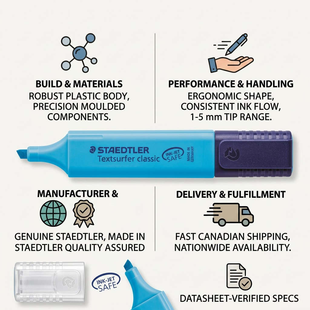 Trust and authority infographic for STAEDTLER Textsurfer Classic, emphasizing factual product and manufacturing details.