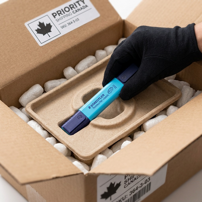 A STAEDTLER Textsurfer classic turquoise highlighter securely lifted from custom pulp packaging within a Canadian-branded box with void fill.