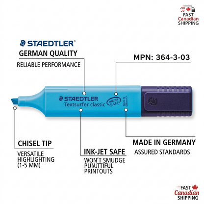A product feature infographic for the blue Staedtler highlighter, showing technical capabilities and benefits. Callouts highlight the chisel tip (1-5mm), ink-jet safe ink that won't smudge printouts, German quality from the "Made in Germany" manufacturing, and the MPN. The layout features concise headers, factual details, legible font, and clean lines against a plain white background, with shipping information at the top.