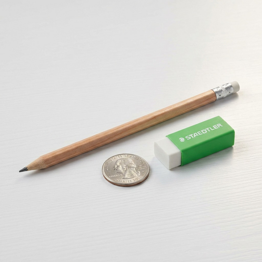 One Staedtler HB/2 round wooden pencil and one green-sleeved eraser shown next to a US quarter for scale.