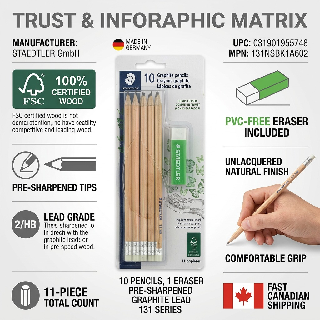 Infographic matrix showing a STAEDTLER pencil set, with confidence cues and icons.