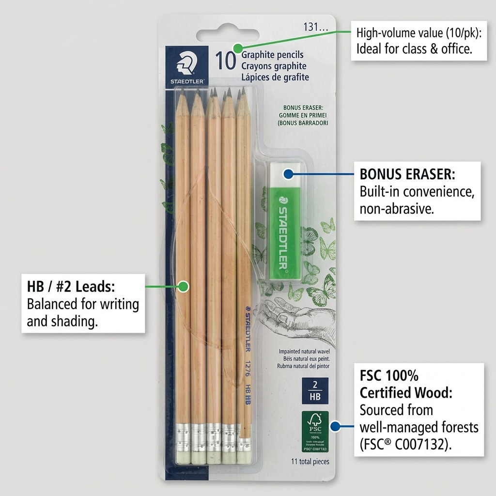 STAEDTLER Pencil pack feature graphic illustrating the benefits of the HB lead, bonus eraser, 10-pack value, and FSC certification.