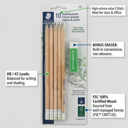 STAEDTLER Pencil pack feature graphic illustrating the benefits of the HB lead, bonus eraser, 10-pack value, and FSC certification.
