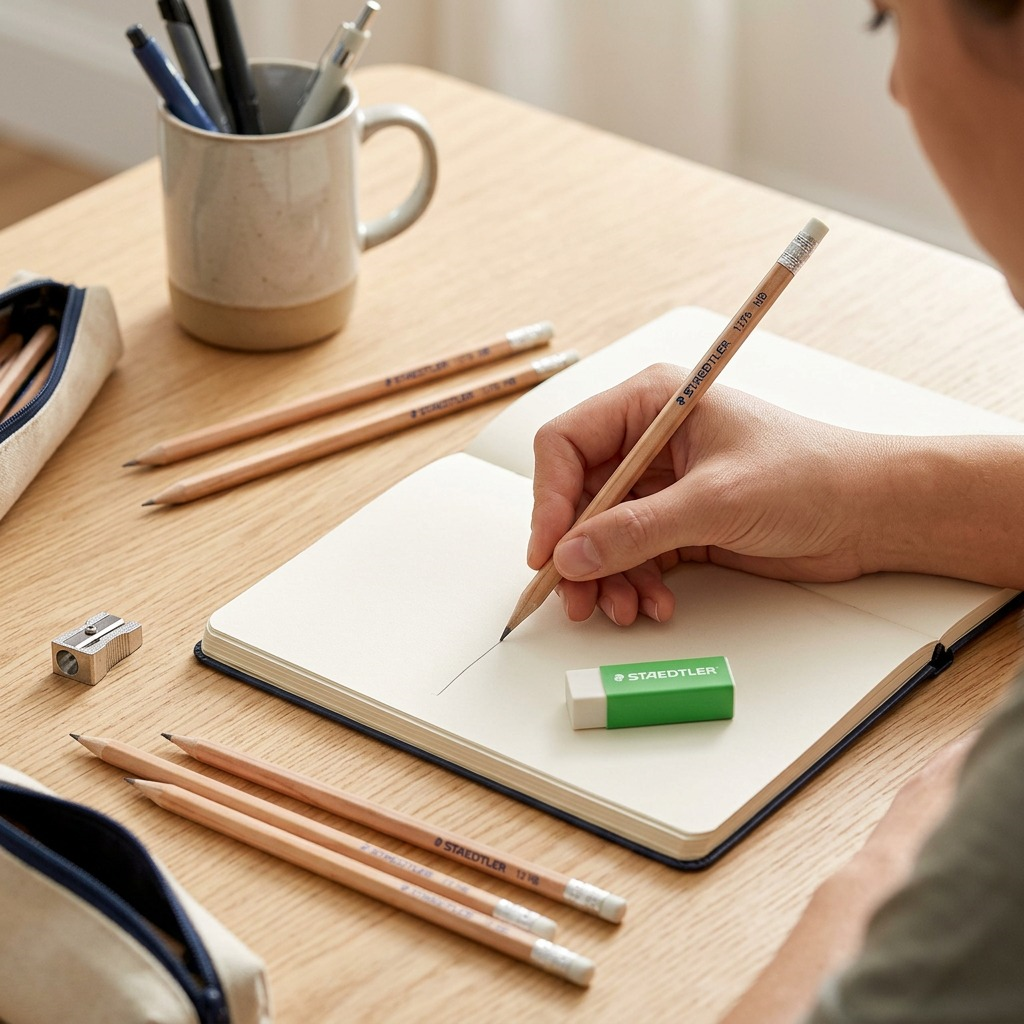 A lifestyle photo showing a person using the STAEDTLER natural finish HB pencils and green eraser to sketch in a journal on a light wood desk, next to a ceramic cup and a coffee mug.