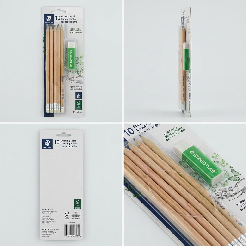 A four-panel grid displays a STAEDTLER pencil and eraser set from top, side, and rear angles, with a close-up detail.