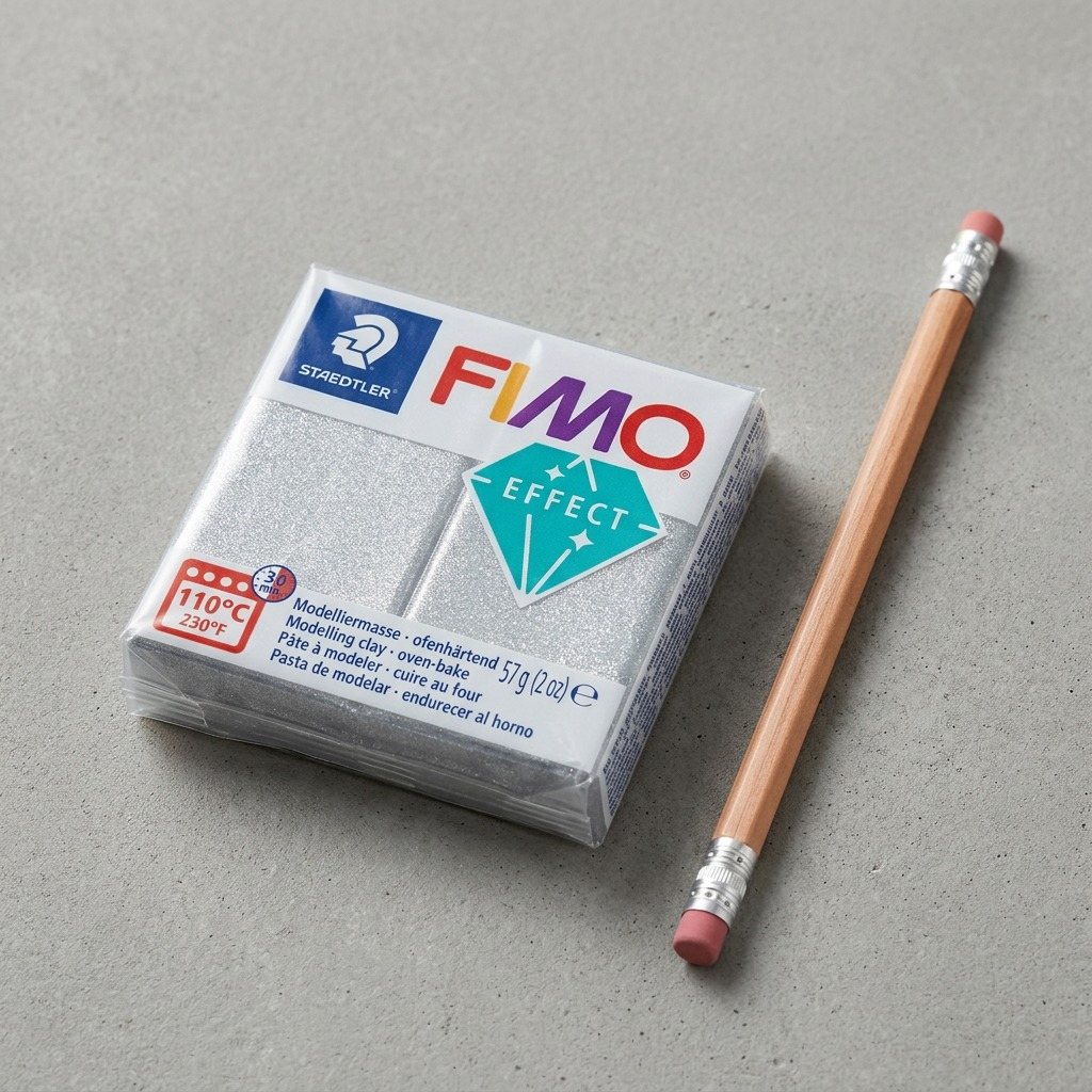 A single package of FIMO Effect Silver Glitter clay is placed beside a standard wooden pencil, clearly demonstrating its compact size.