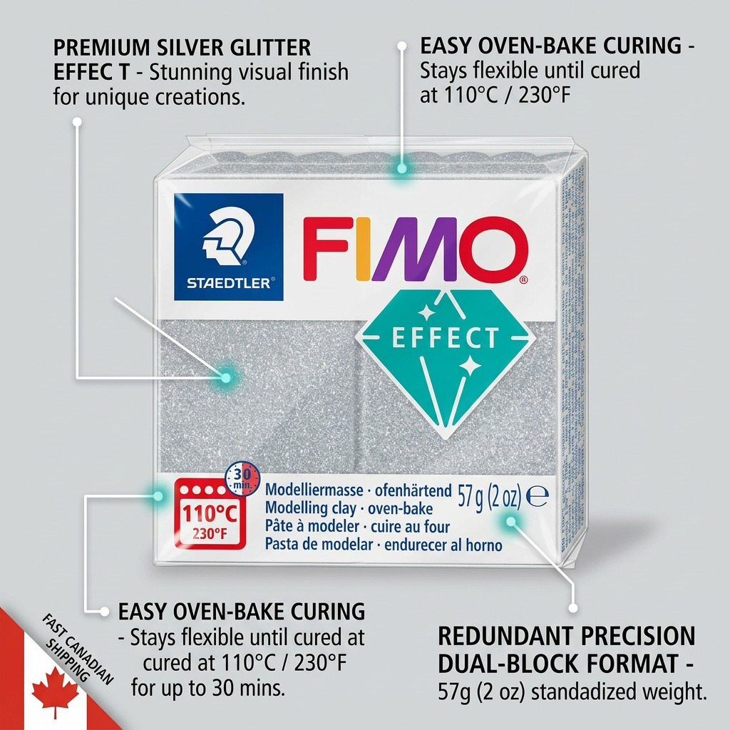 Feature graphic for FIMO Effect Silver Glitter clay detailing key features like stunning finish and baking info with fast shipping flag.