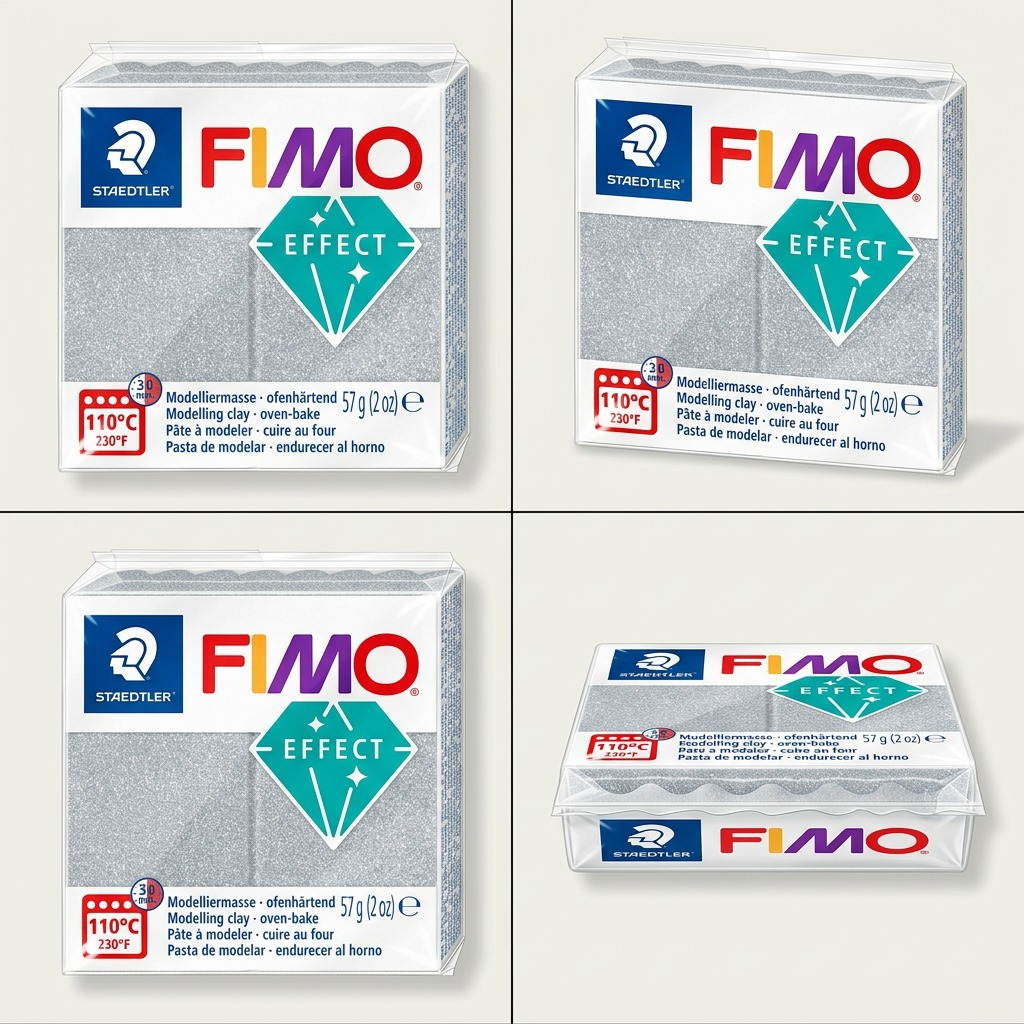 A grid showing the STAEDTLER Fimo Effect Silver Glitter 57g clay pack from varied useful angles, including front, side, angled back, and a focused textural view.