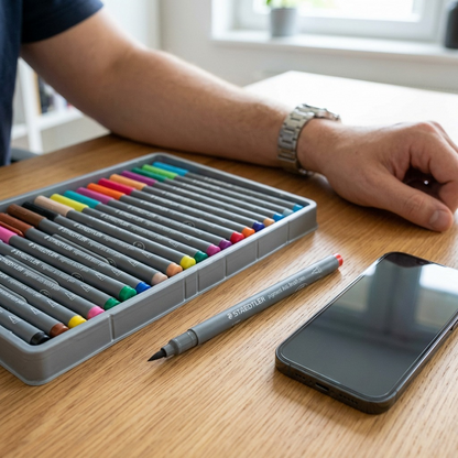 A close-up photograph shows the STAEDTLER Pigment Arts Brush Pen, set of 36, in its open storage tray, resting next to a hand-held smartphone on a wooden desk.