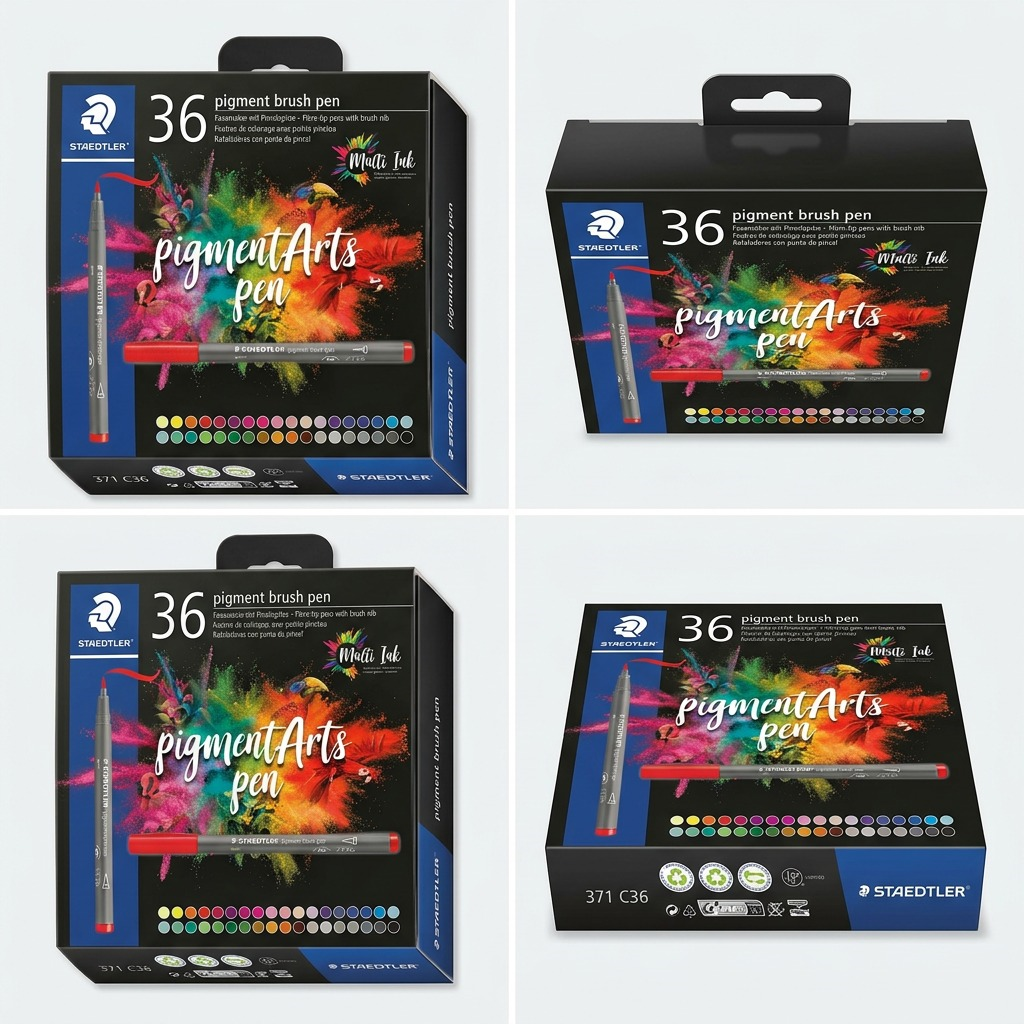 A clean ecommerce grid matrix displaying the STAEDTLER Pigment arts Brush 36-set from four different angles.