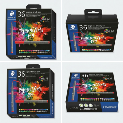 A clean ecommerce grid matrix displaying the STAEDTLER Pigment arts Brush 36-set from four different angles.