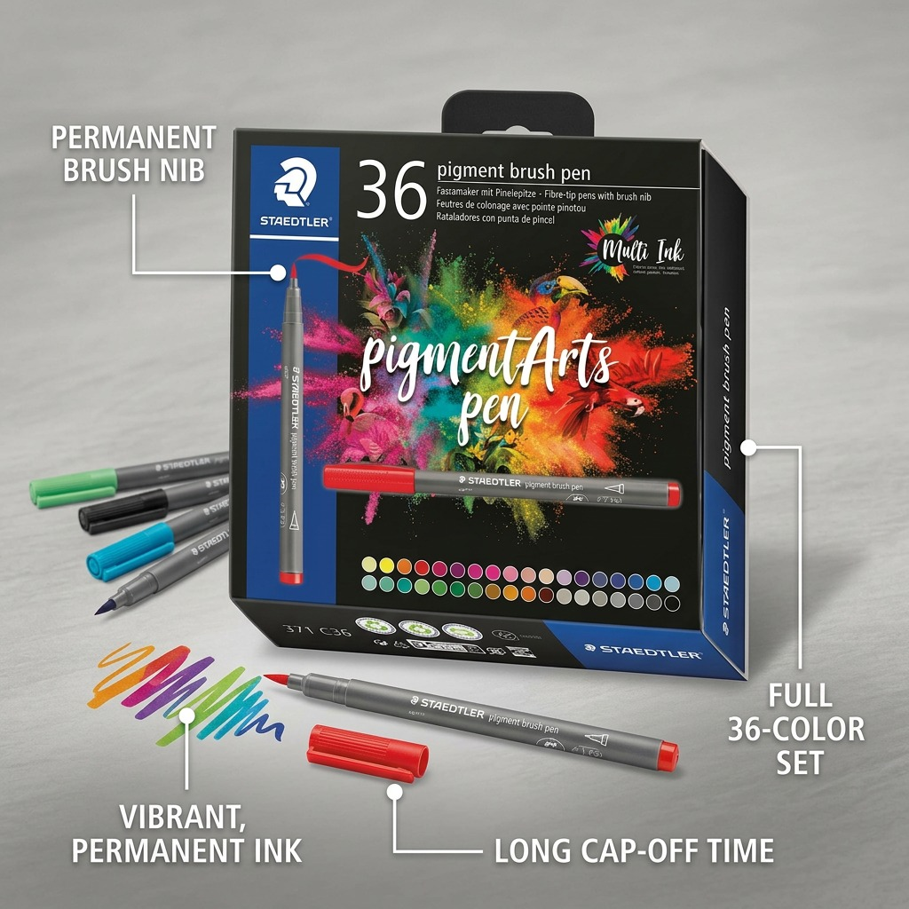 Operational feature graphic for STAEDTLER set of 36 pigment brush pens with four benefit callouts.