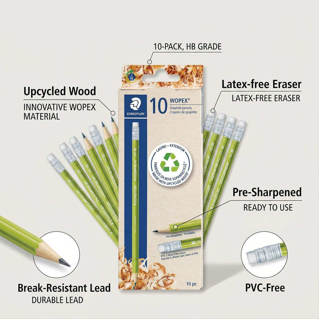 Ecommerce graphic of STAEDTLER Wopex 10pk, callouts for Upcycled Wood, Latex-Free Eraser, Pre-Sharpened, and Break-Resistant Lead.