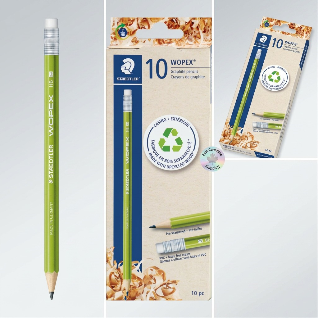 A 3-column ecommerce variant matrix showcasing a 10-pack of STAEDTLER Wopex pencils (image_0.png) from different views.