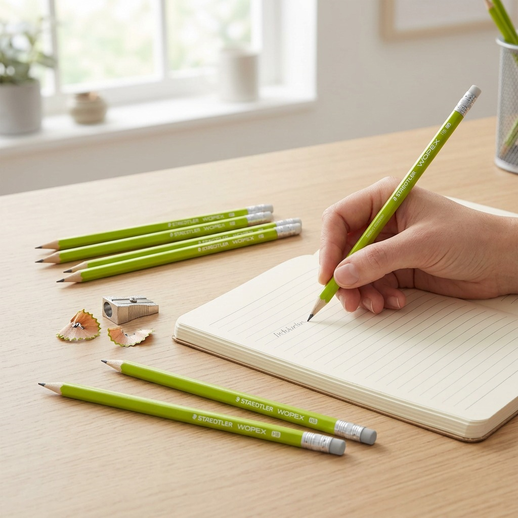Realistic lifestyle photo of five unsharpened Staedtler Wopex pencils (image_0.png) arranged on a light wood desk, next to a notebook.