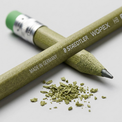 Macro close-up of a STAEDTLER Wopex pencil texture, highlighting precision, eco-material core, and quality construction.