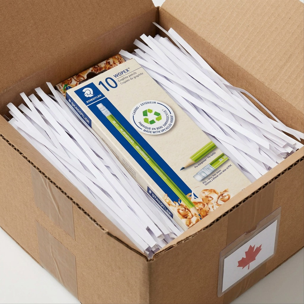 A close-up photograph of a STAEDTLER Wopex pencil pack, identical to the reference, nestled safely within a brown cardboard shipping box overflowing with clean white protective paper shredding, showing the box corners reinforced with brown paper tape.