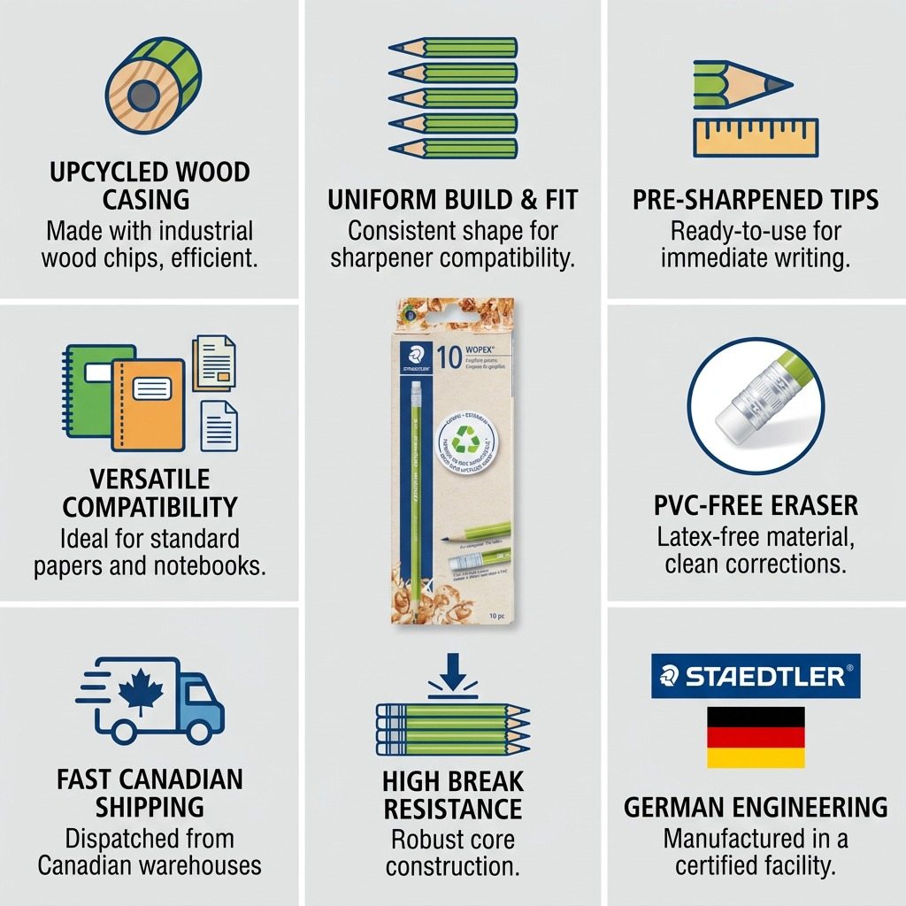 Trust and authority infographic showing facts about STAEDTLER Wopex pencils with iconic cues from the 10-pack.