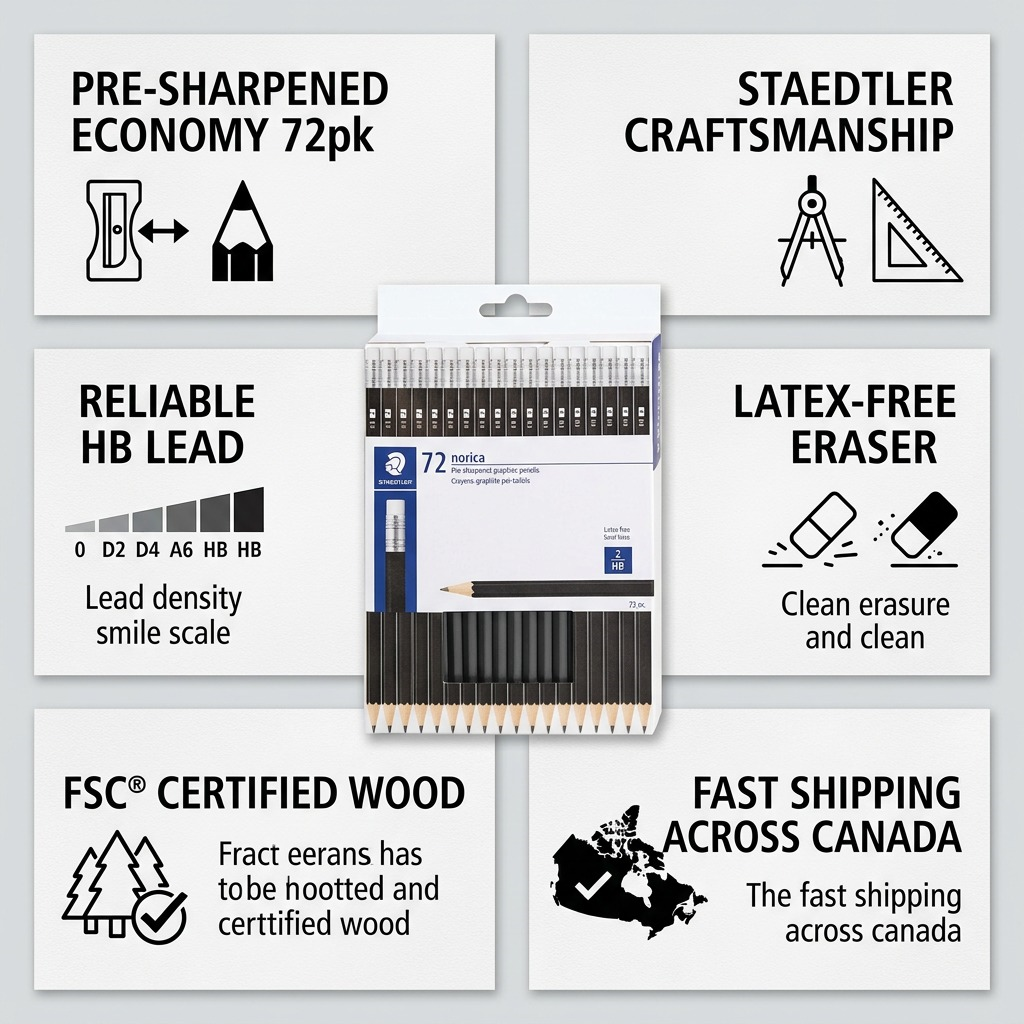 Infographic matrix showing a STAEDTLER Norica 72-pack with icons for quality, materials, and shipping.