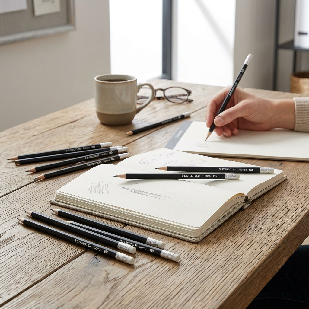 Realistic lifestyle photo of multiple black STAEDTLER pencils from image_0.png on a wooden desk.