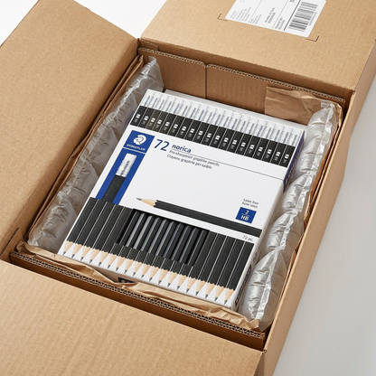 The 72-pencils Staedtler Norica display box is safely inside a sturdy shipping box, protected by bubble wrap and airbags.