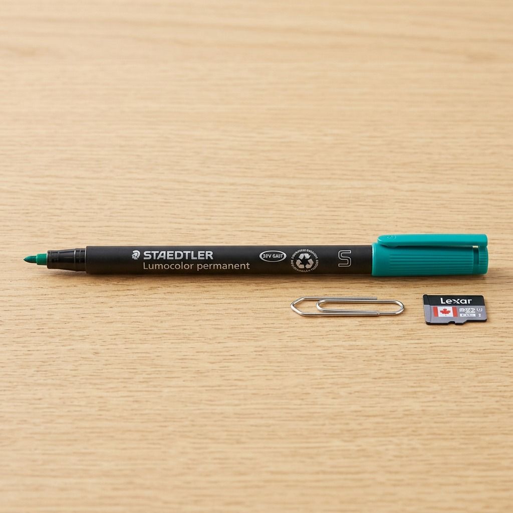 A detailed photo of the STAEDTLER permanent marker with its distinct teal cap, placed horizontally alongside a standard metal paperclip on a desk surface, showcasing the pen's compact fine point and true size. The smooth matte black body and all branding details from the reference are visible. The natural wood grain background provides a clear scale comparison.