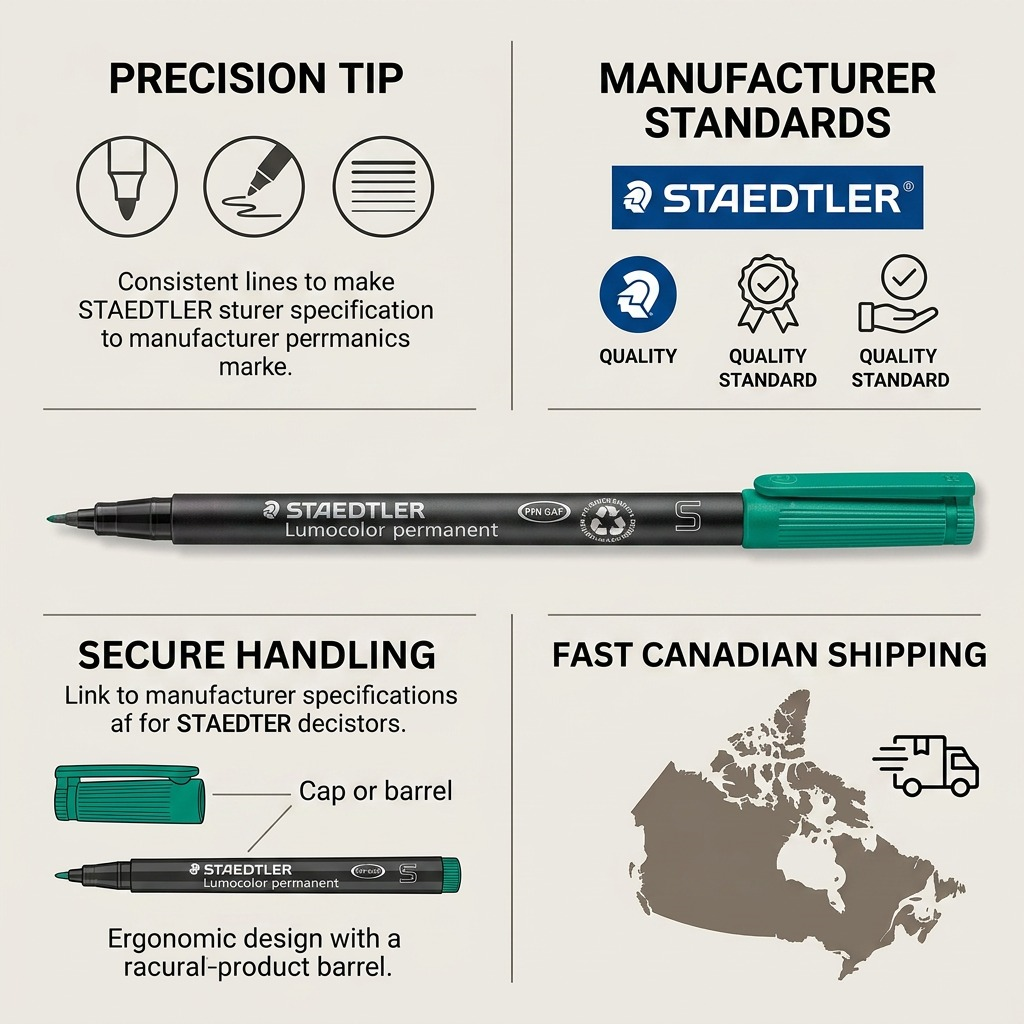 Infographic detailing STAEDTLER marker reliability with product specs and fast Canadian shipping data.
