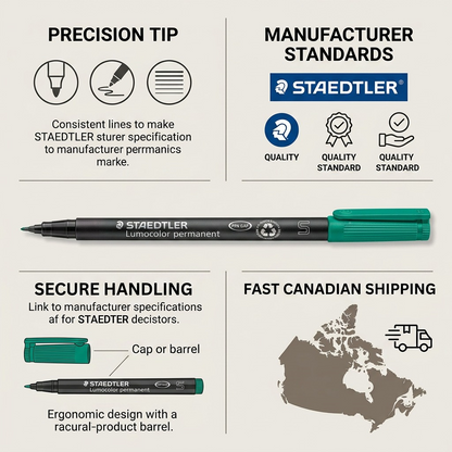 Infographic detailing STAEDTLER marker reliability with product specs and fast Canadian shipping data.
