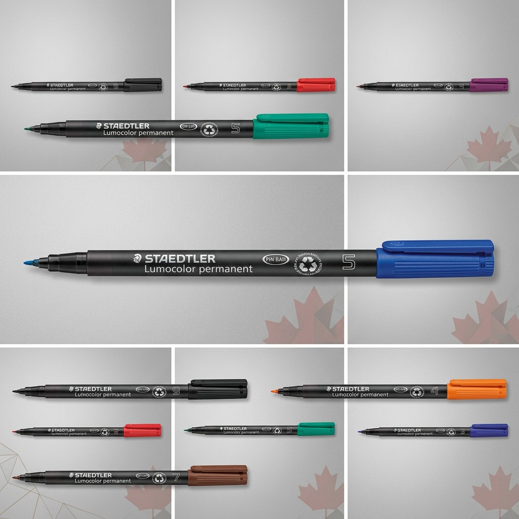 Matrix display of six identical STAEDTLER Lumocolor permanent super fine markers in different colors arranged in a grid.