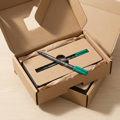 A photo-realistic unboxing scene with the green Staedtler Lumocolor marker nested in protective foam within a cardboard box.