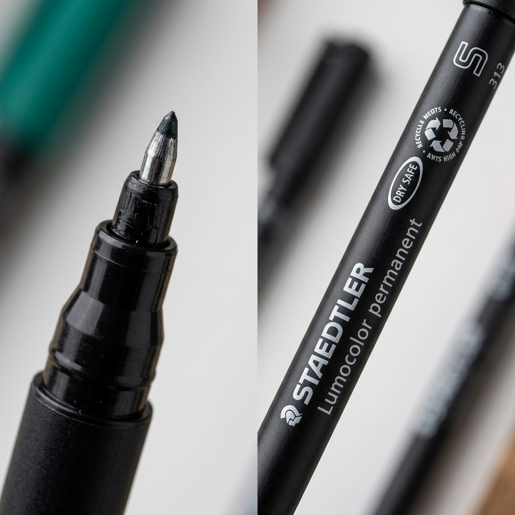 Extreme close-up of a Staedtler Lumocolor permanent pen's fine mark-making tip and detailed logo print.
