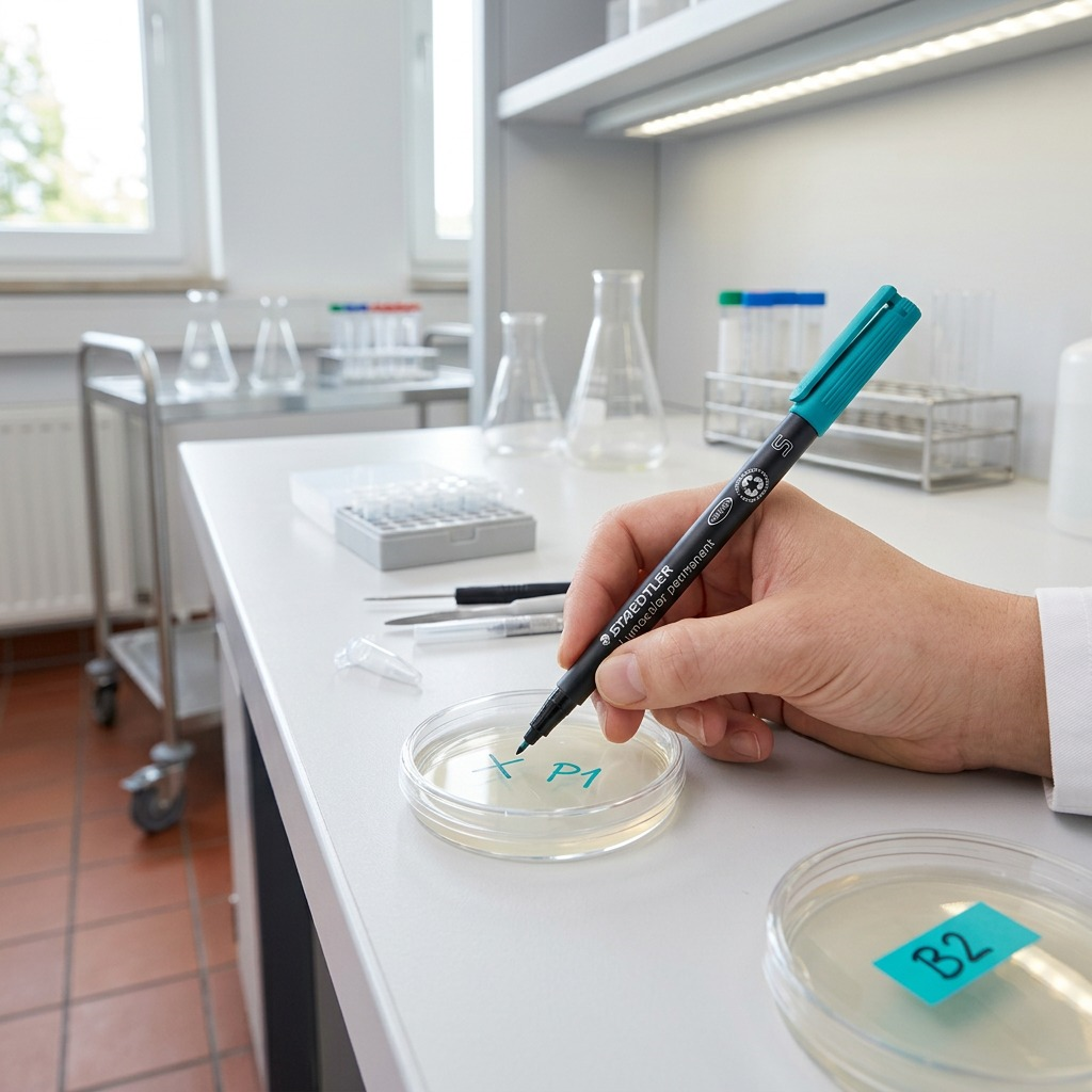 A photograph of the green Staedtler Lumocolor pen being used to mark a plastic petri dish in a lab setting.