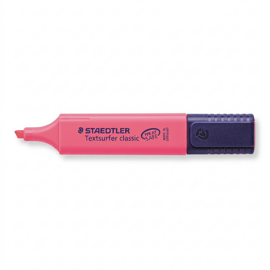 High-resolution hero shot of a fluorescent pink STAEDTLER Textsurfer highlighter on a white background.