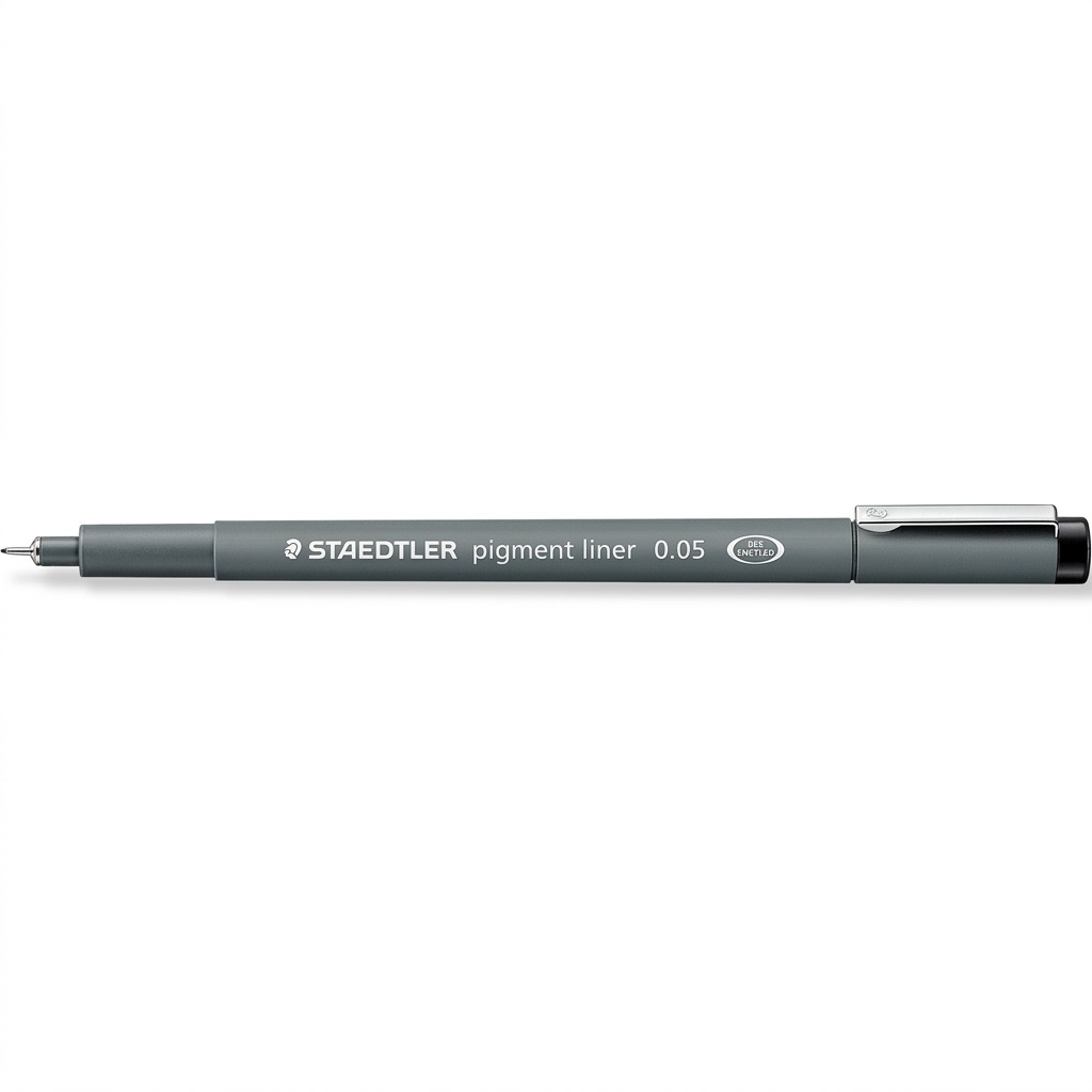 Hero photograph of a STAEDTLER pigment liner 0.05 pen on a pure white background.