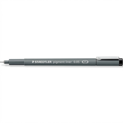 Hero photograph of a STAEDTLER pigment liner 0.05 pen on a pure white background.