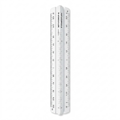 A high-resolution, centered view of the white STAEDTLER 98719-31BK triangular architect's scale ruler.