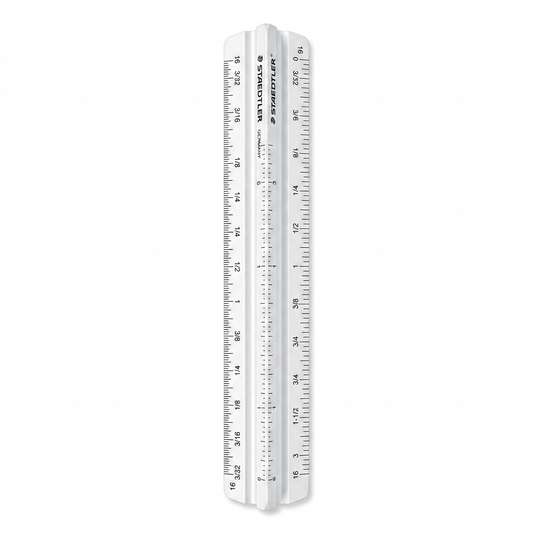 A high-resolution, centered view of the white STAEDTLER 98719-31BK triangular architect's scale ruler.