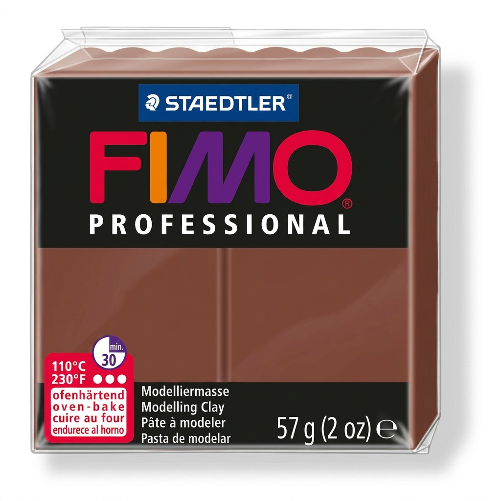 A clean, high-resolution product shot of the FIMO Professional chocolate-colored clay block in its packaging.