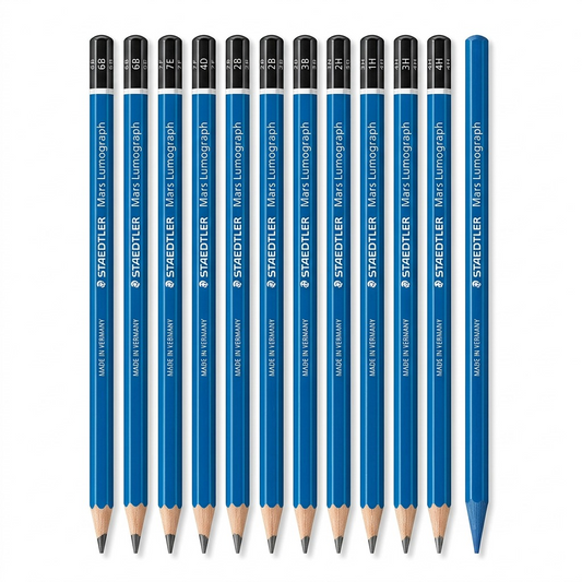 Staedtler Mars Lumograph drawing pencils (12-pack) on a pure white background in a clean hero shot.