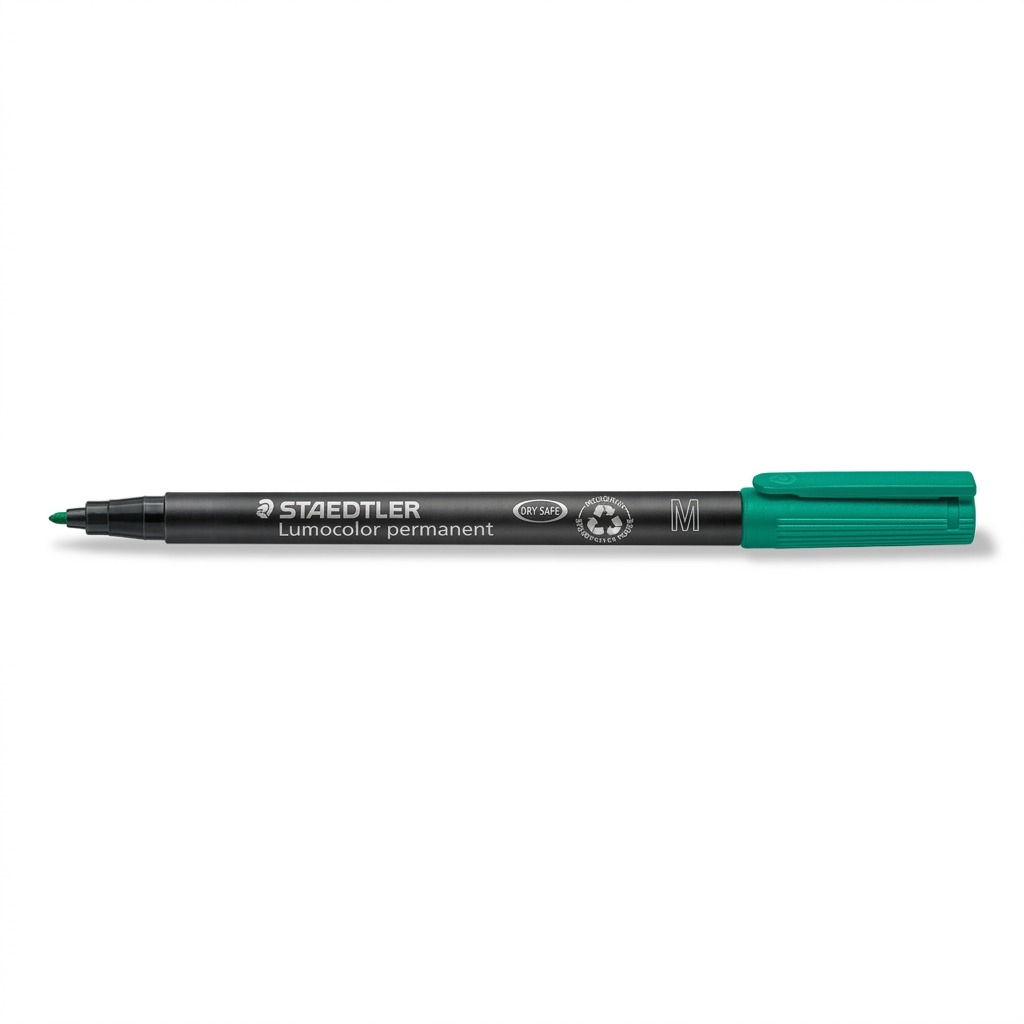 A detailed high-resolution product shot of a green STAEDTLER Lumocolor permanent marker.