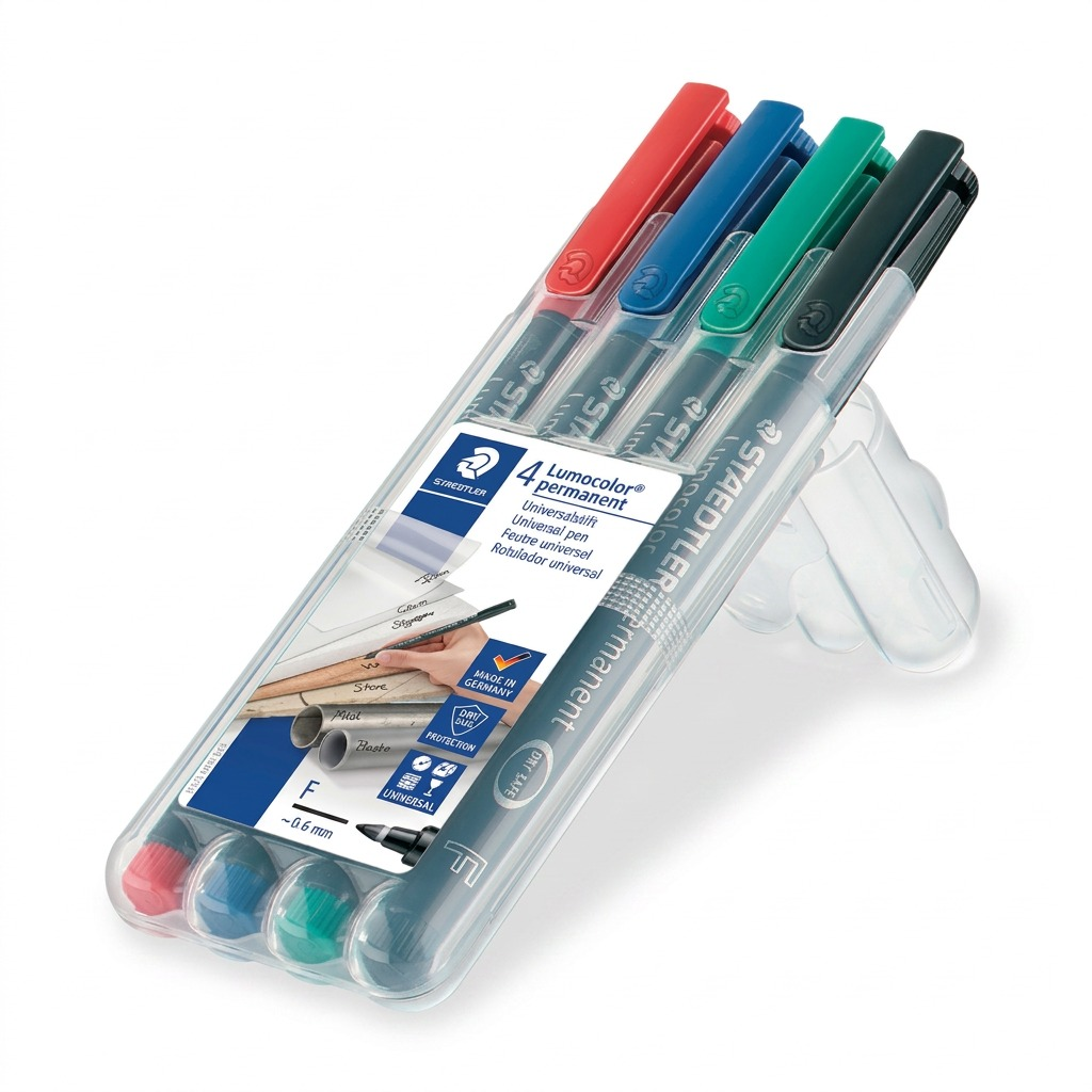 STAEDTLER Lumocolor permanent pens (red, blue, green, black) in clear case, 4-pack.