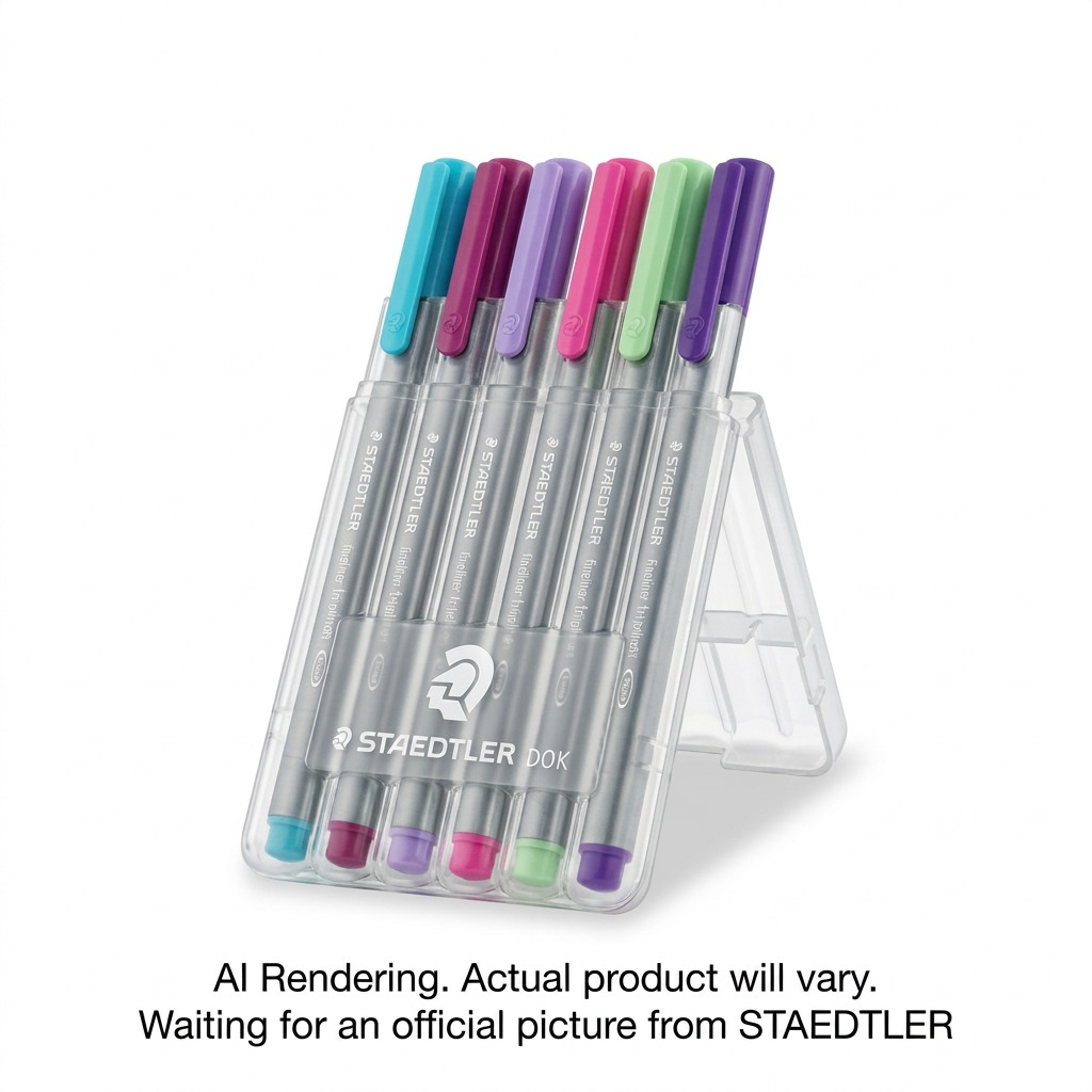 A set of six STAEDTLER triplus 334 fineliners in their clear plastic flip-top stand case.